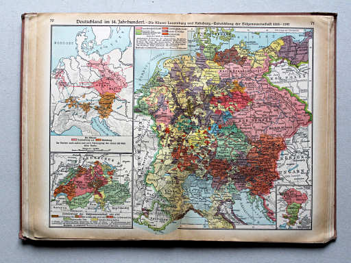 Putzgers Historischer Schul-Atlas, Große Ausgabe, 1937
70.71. Deutschland im 14. Jahrhundert – Die Häuser Luxemburg und Habsburg – Entwicklung der Eidgenossenschaft 1315-1797