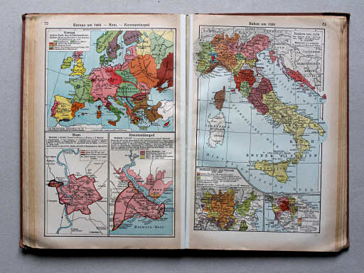 Putzgers Historischer Schul-Atlas, Große Ausgabe, 1937
72. Europa um 1400 – Rom – Konstantinopel
73. Italien um 1500