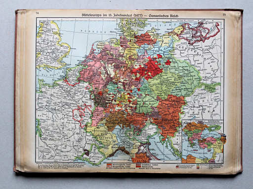 Putzgers Historischer Schul-Atlas, Große Ausgabe, 1937
74.75. Mitteleuropa im 15. Jahrhundert (1477) – Osmanisches Reich