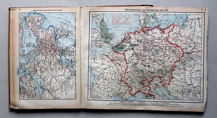 Putzgers Historischer Schul-Atlas, Große Ausgabe, 1937
76. Mittelalterliche Handelswege in Europa
77.78. Wirtschaftskarte von Mitteleuropa um 1500