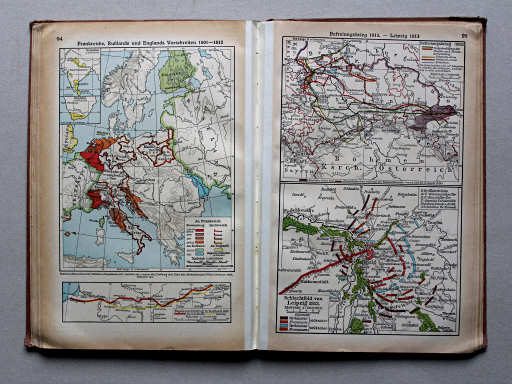 Putzgers Historischer Schul-Atlas, Große Ausgabe, 1937
94. Frankreichs, Rußlands und Englands Vorschreiten 1801-1812
95. Befreiungskrieg 1813 – Leipzig 1813