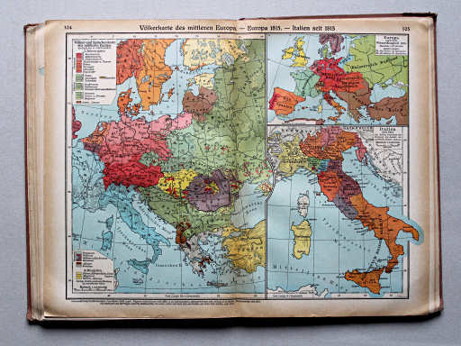 Putzgers Historischer Schul-Atlas, Große Ausgabe, 1937
104.105. Völkerkarte des mittleren Europa – Europa 1815 – Italien seit 1815