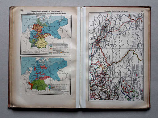 Putzgers Historischer Schul-Atlas, Große Ausgabe, 1937
106. Einigungsbestrebungen in Deutschland – Zollverein, Norddeutscher Bund und Deutsches Reich