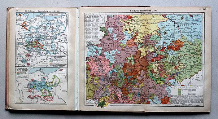 Putzgers Historischer Schul-Atlas, Große Ausgabe, 1937
144. Die Askanier – Brandenburg von 1134-1415
145.146. Nordwestdeutschland (1789)