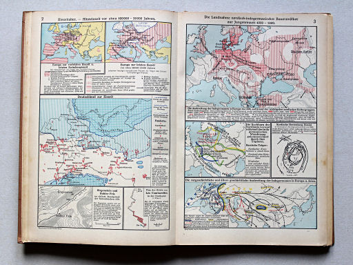 Putzgers Historischer Schul-Atlas, Große Ausgabe, 1942 (60.)
2. Eiszeitalter – Altsteinzeit vor etwa 500 000-20 000 Jahren
3. Die Landnahme nordisch-indogermanischer Bauernvölker zur Jungsteinzeit 4000-1800