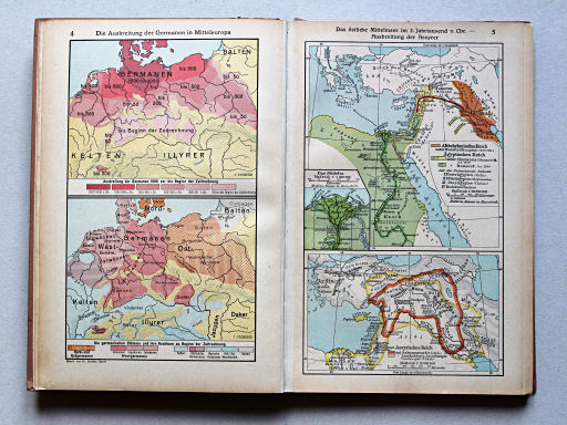 Putzgers Historischer Schul-Atlas, Große Ausgabe, 1942 (60.)
4. Die Ausbreitung der Germanen in Mitteleuropa
5. Das östliche Mittelmeer im 2. Jahrtausend v. Chr. – Ausbreitung der Assyrer