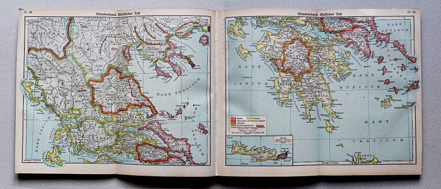 Putzgers Historischer Schul-Atlas, Große Ausgabe, 1942 (60.)
17.18. Griechenland. Nördlicher Teil
19.20. Griechenland. Südlicher Teil