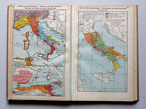 Putzgers Historischer Schul-Atlas, Große Ausgabe, 1942 (60.)
26. Italien, Lage und Bewohner – Bedeutung der Samniterkriege – Karthago, sein Besitz und seine Handelswege
27. Rom und der italische Bund – Entwicklung von Roms Herrschaft bis 272 v. Chr.