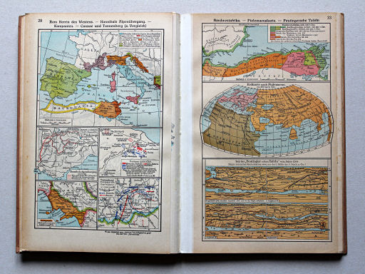 Putzgers Historischer Schul-Atlas, Große Ausgabe, 1942 (60.)
28. Rom Herrin des Westens – Hannibals Alpenübergang – Kampanien – Cannae und Tannenberg (z. Vergleich)
33. Nordwestafrika – Ptolemaeuskarte – Peutingersche Tafeln