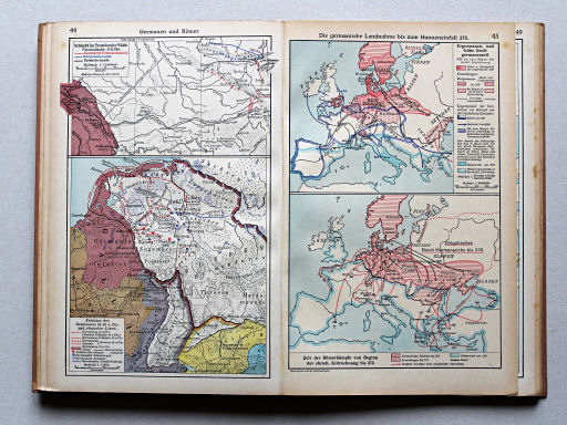 Putzgers Historischer Schul-Atlas, Große Ausgabe, 1942 (60.)
44. Germanen und Römer
45. Die germanische Landnahme bis zum Hunneneinfall 375