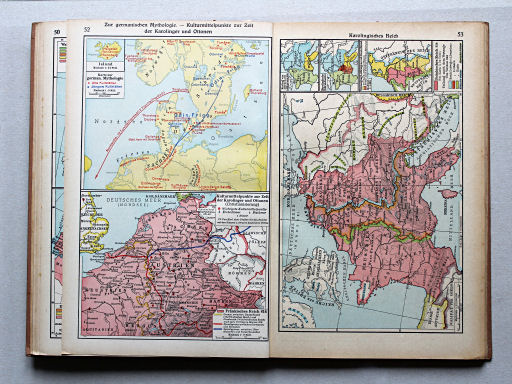 Putzgers Historischer Schul-Atlas, Große Ausgabe, 1942 (60.)
52. Zur germanischen Mythologie – Kulturmittelpunkte zur Zeit der Karolinger und Ottonen