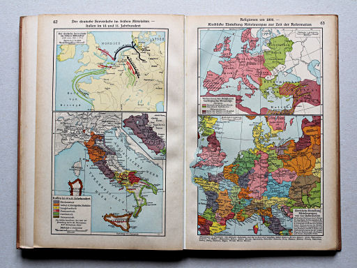 Putzgers Historischer Schul-Atlas, Große Ausgabe, 1942 (60.)
62. Der deutsche Seeverkehr im frühen Mittelalter – Italien im 10. und 11. Jahrhundert
63. Religionen um 1000 – Kirchliche Einteilung Mitteleuropas zur Zeit der Reformation