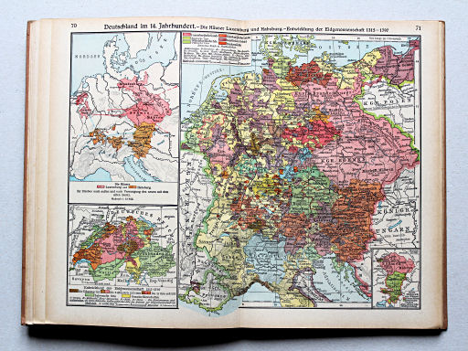 Putzgers Historischer Schul-Atlas, Große Ausgabe, 1942 (60.)
70.71. Deutschland im 14. Jahrhundert – Die Häuser Luxemburg und Habsburg – Entwicklung der Eidgenossenschaft 1315-1797