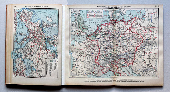 Putzgers Historischer Schul-Atlas, Große Ausgabe, 1942 (60.)
76. Mittelalterliche Handelswege in Europa
77.78. Wirtschaftskarte von Mitteleuropa um 1500