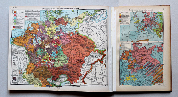 Putzgers Historischer Schul-Atlas, Große Ausgabe, 1942 (60.)
79.80. Deutschland zur Zeit der Reformation (1547)
81. Religionen im 16. und 17. Jahrhundert