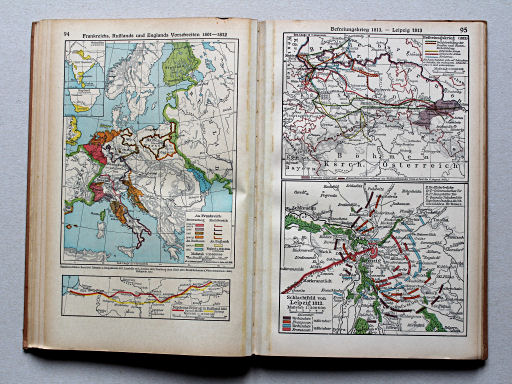 Putzgers Historischer Schul-Atlas, Große Ausgabe, 1942 (60.)
94. Frankreichs, Rußlands und Englands Vorschreiten 1801-1812
95. Befreiungskrieg 1813 – Leipzig 1813