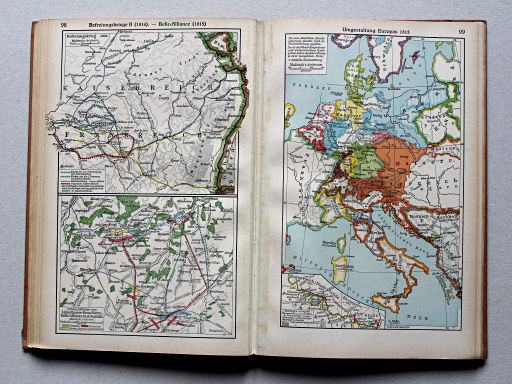 Putzgers Historischer Schul-Atlas, Große Ausgabe, 1942 (60.)
98. Befreiungskrieg II (1814) – Belle-Alliance (1815)
99. Umgestaltung Europas 1815