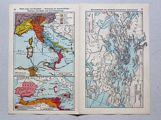 Geschichtskarten aus dem 'Putzger', 1949
24. Italien, Lage und Bewohner – Bedeutung der Samniterkriege – Karthago, sein Besitz und seine Handelswege