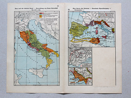 Geschichtskarten aus dem 'Putzger', 1949
25. Rom und der italische Bund – Entwicklung von Roms Herrschaft bis 272 v.Chr.
26. Rom Herrin des Westens – Hannibals Alpenübergang – Kampanien – Cannae und Tannenberg (z. Vergleich)