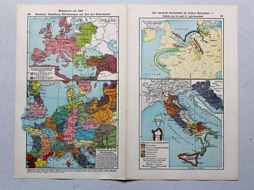 Geschichtskarten aus dem 'Putzger', 1949
64. Religionen um 1000 – Kirchliche Einteilung Mitteleuropas zur Zeit der Reformation
61. Der deutsche Seeverkehr im frühen Mittelalter – Italien im 10. und 11. Jahrhundert