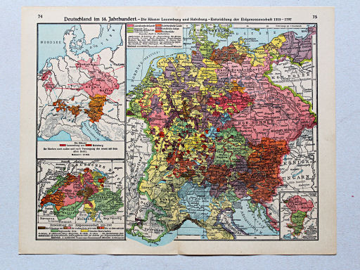 Geschichtskarten aus dem 'Putzger', 1949
74.75. Deutschland im 14. Jahrhundert – Die Häuser Luxemburg und Habsburg – Entwicklung der Eidgenossenschaft 1315-1797