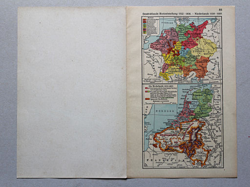 Geschichtskarten aus dem 'Putzger', 1949
88. Vorschreiten Frankreichs nach Osten
85. Deutschlands Kreiseinteilung 1521-1806 – Niederlande 1559-1600