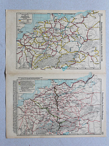 Geschichtskarten aus dem 'Putzger', 1949
106. Entwicklung der Eisenbahnen in Mitteleuropa bis 1866
103. Entwicklung der Post in Mitteleuropa