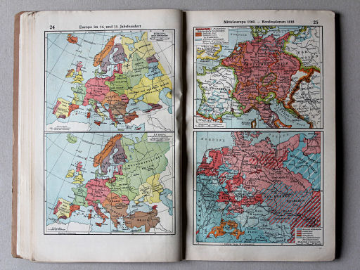 Putzgers Historischer Schul-Atlas, Tschechoslowakei, 1930
24. Europa im 14. und 15. Jahrhundert
25. Mitteleuropa 1560. Konfessionen 1618