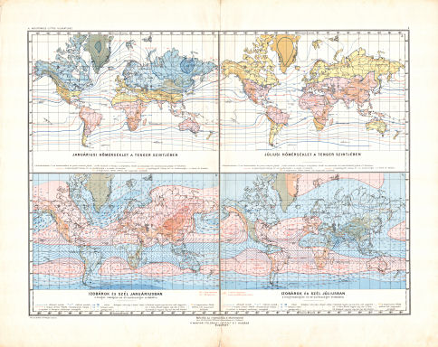 Kogutowicz-Littke: Világatlasz, 1912-1914
4-5. [Világtérképek: hőmérséklet, izobárok és szél]