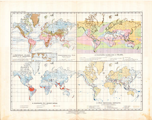 Kogutowicz-Littke: Világatlasz, 1912-1914
6-7. [Világtérképek: hőmérséklet ingadozása, csapadék, tektonika]